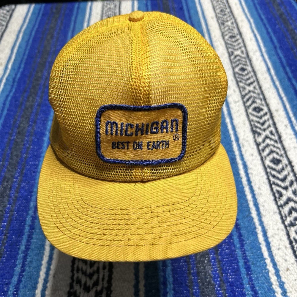 Vintage Michigan Best On Earth Trucker Hat Yellow Mesh Snapback 70s 80s